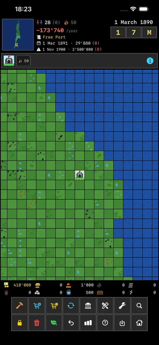 Game screen: the island map, the City and the resource panel
